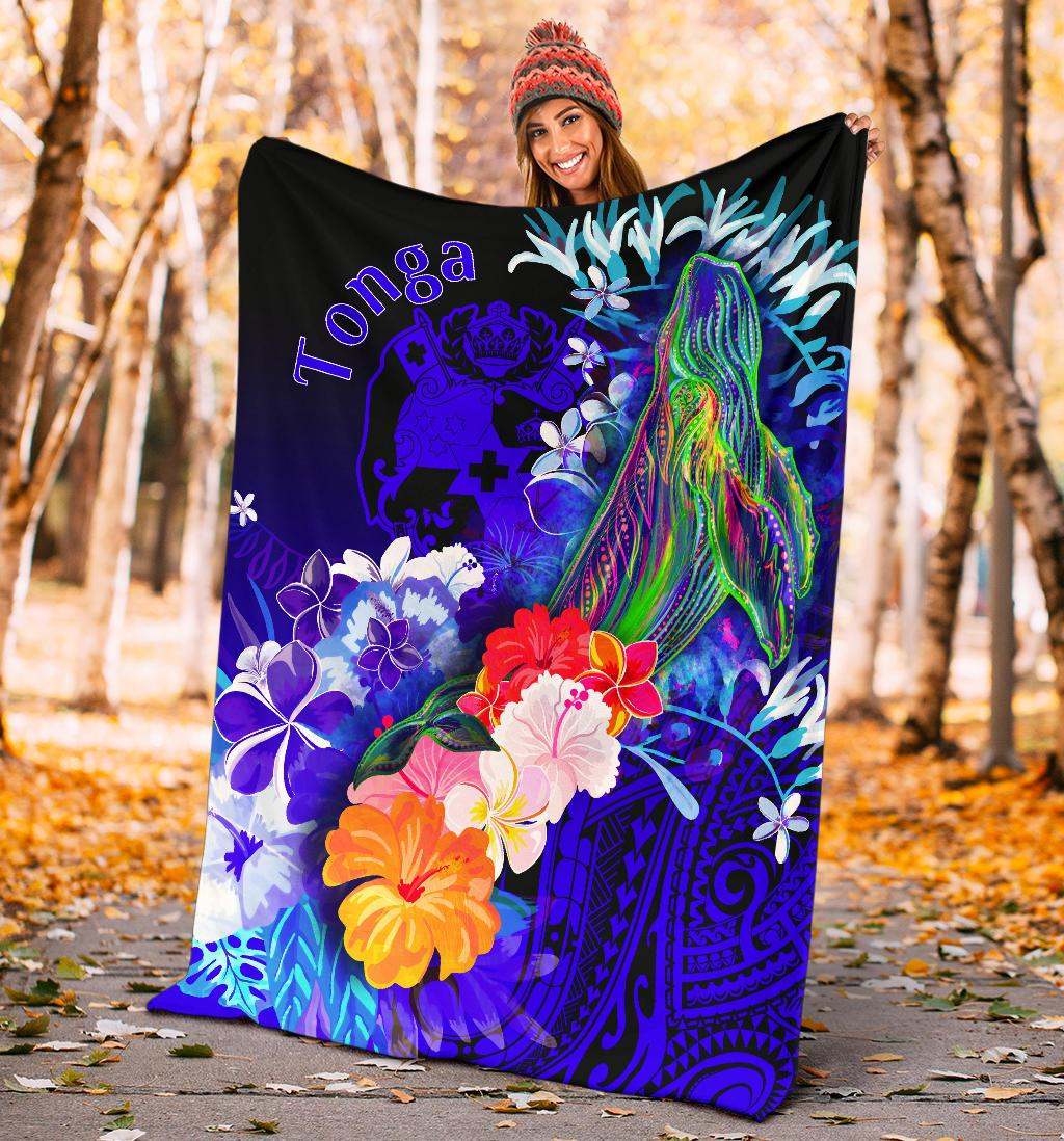 Tonga Premium Blanket - Humpback Whale with Tropical Flowers (Blue)