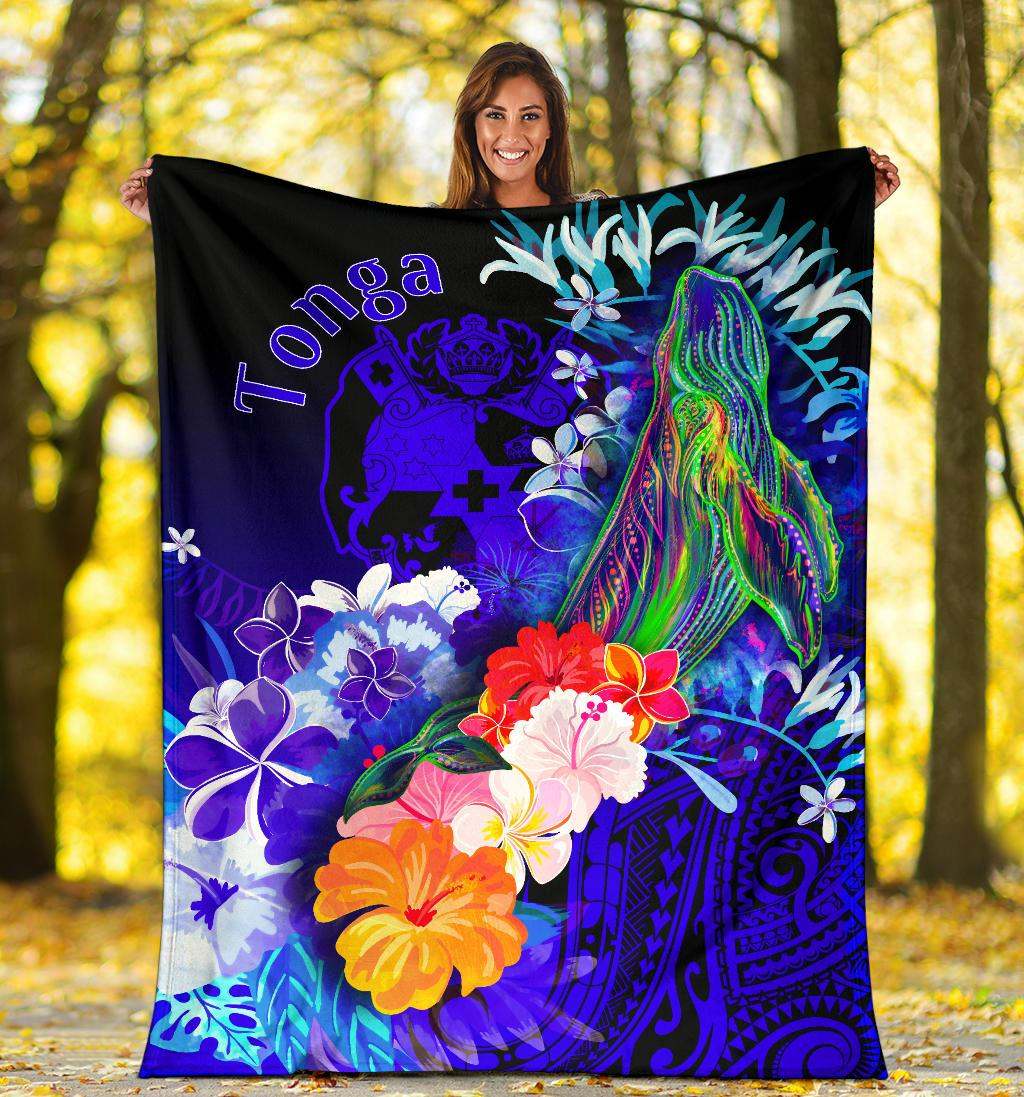 Tonga Premium Blanket - Humpback Whale with Tropical Flowers (Blue)