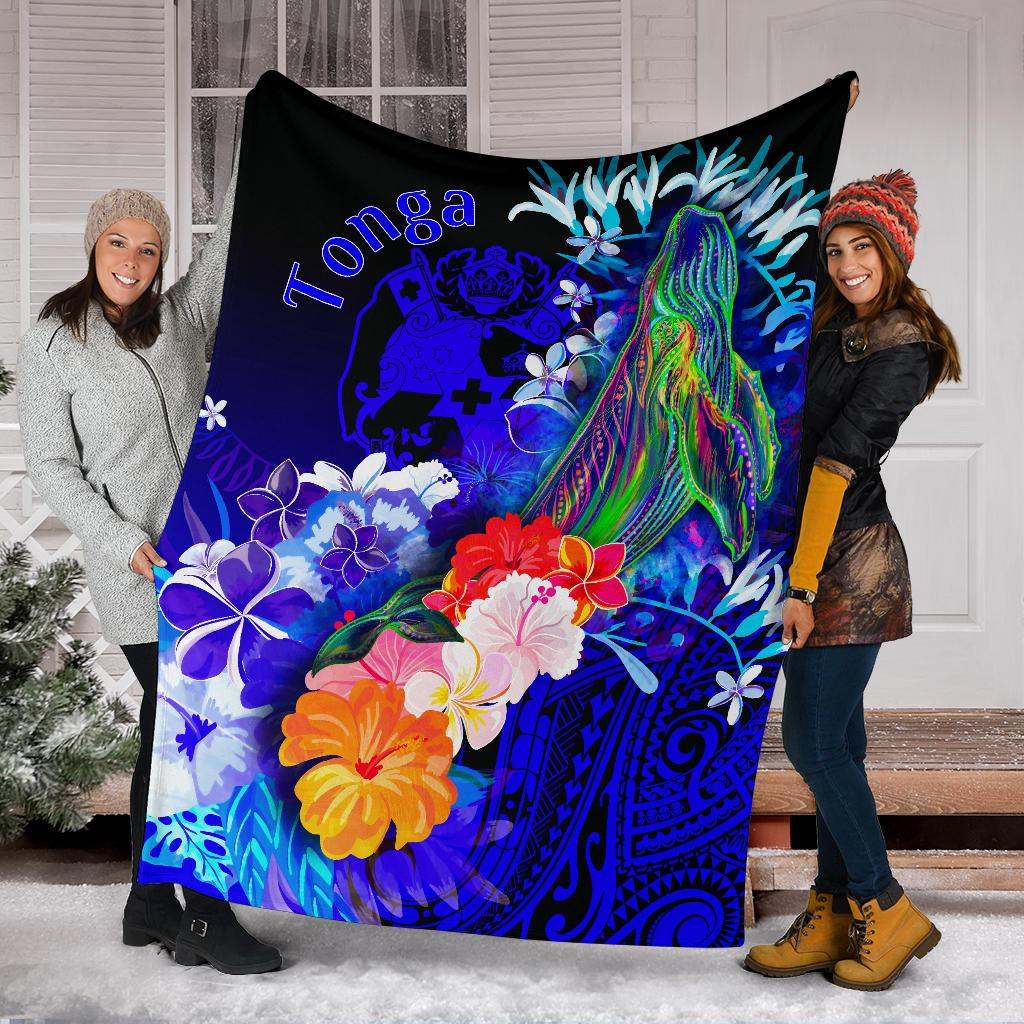 Tonga Premium Blanket - Humpback Whale with Tropical Flowers (Blue)