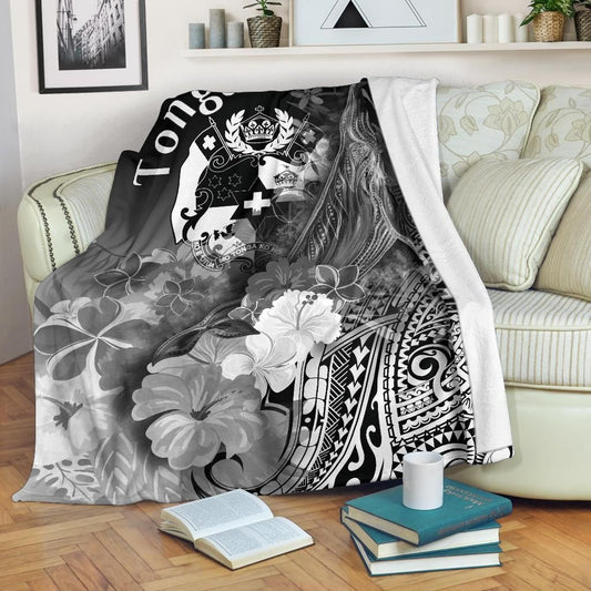 Tonga Premium Blanket - Humpback Whale with Tropical Flowers (White)