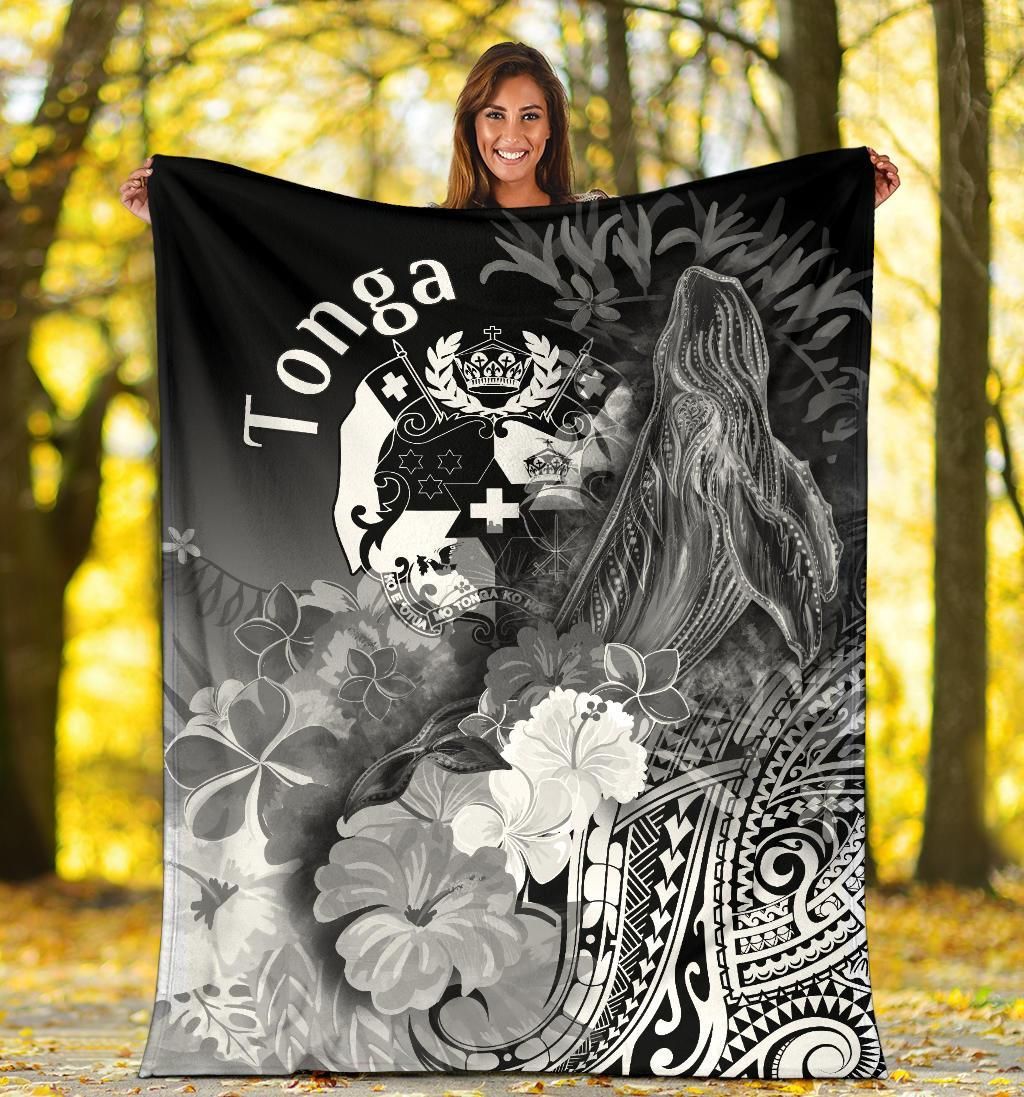 Tonga Premium Blanket - Humpback Whale with Tropical Flowers (White)
