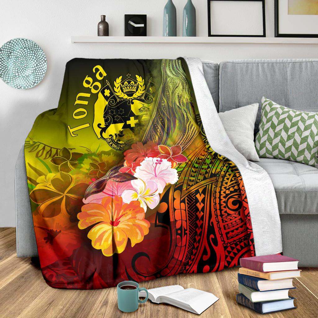 Tonga Premium Blanket - Humpback Whale with Tropical Flowers (Yellow)