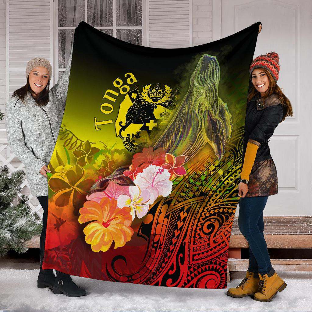 Tonga Premium Blanket - Humpback Whale with Tropical Flowers (Yellow)