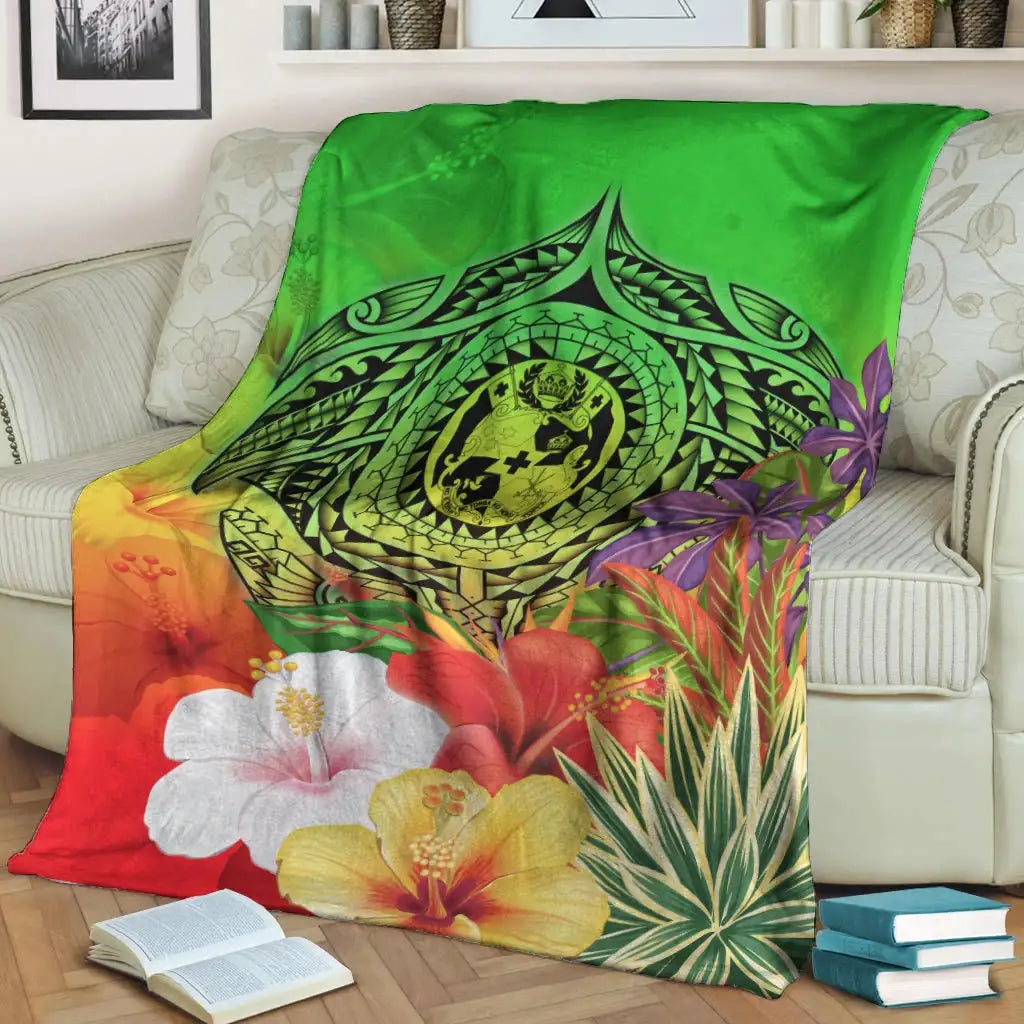 Tonga Premium Blanket - Manta Ray Tropical Flowers (Green)