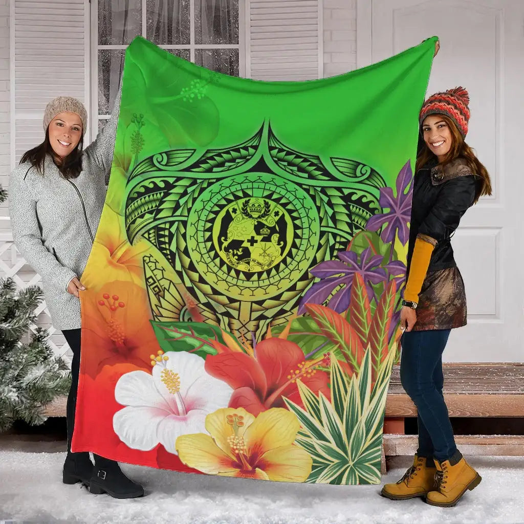 Tonga Premium Blanket - Manta Ray Tropical Flowers (Green)