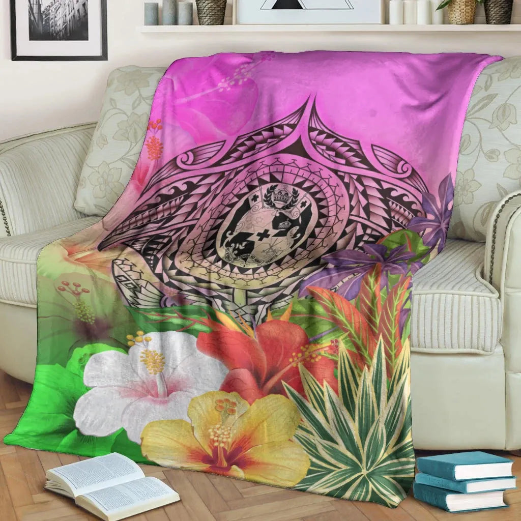 Tonga Premium Blanket - Manta Ray Tropical Flowers
