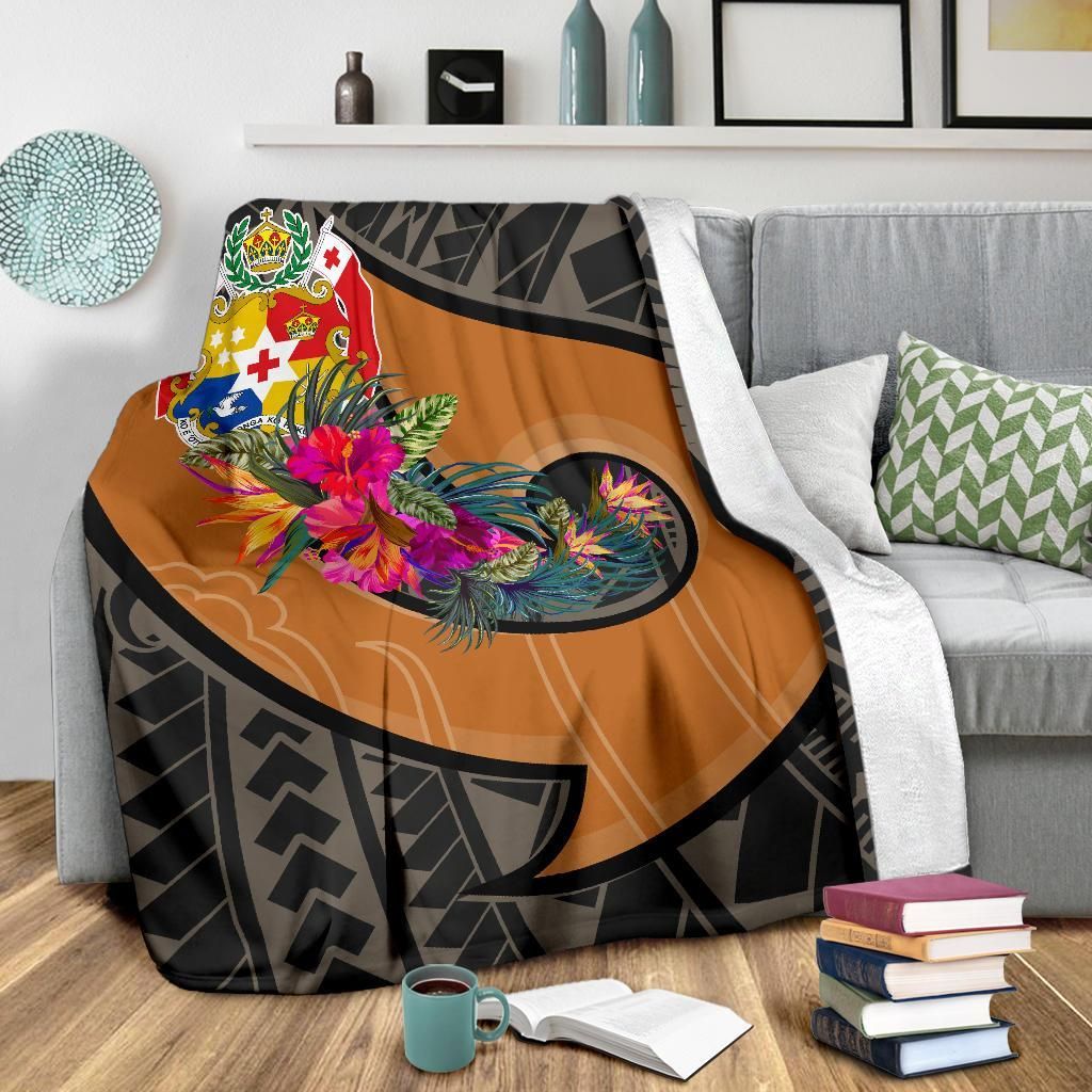 Tonga Premium Blanket - Polynesian Hook And Hibiscus ( Nude)