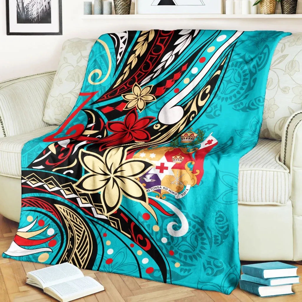 Tonga Premium Blanket - Tribal Flower With Special Turtles Blue Color