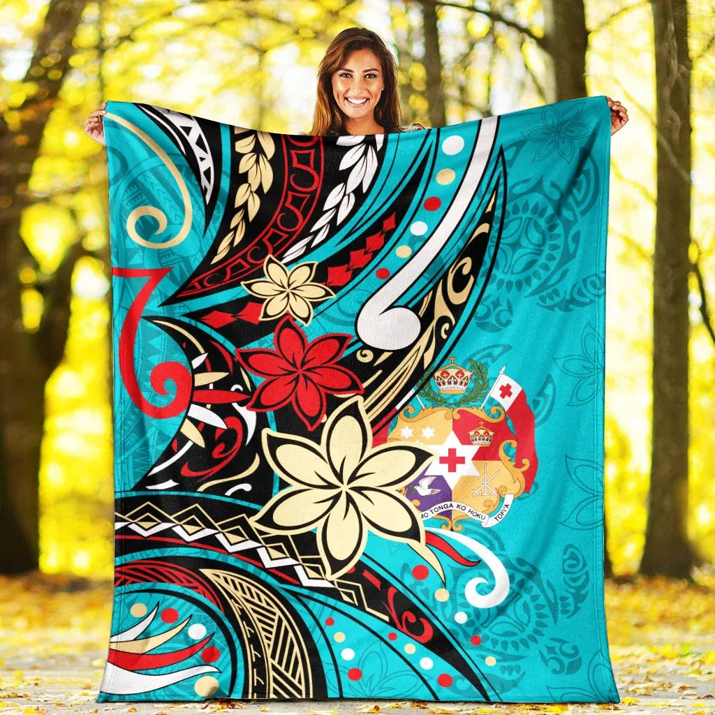 Tonga Premium Blanket - Tribal Flower With Special Turtles Blue Color