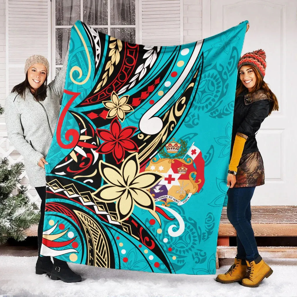Tonga Premium Blanket - Tribal Flower With Special Turtles Blue Color