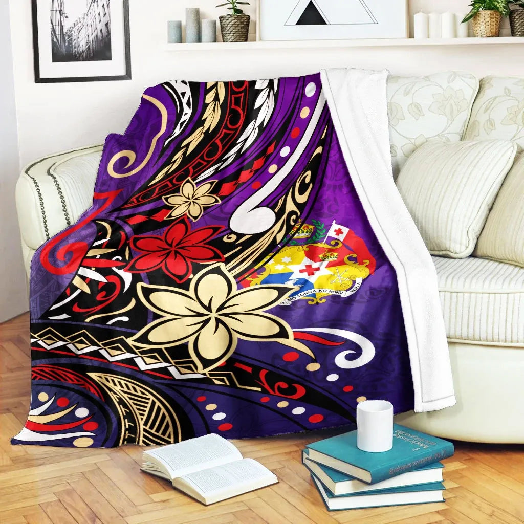 Tonga Premium Blanket - Tribal Flower With Special Turtles Purple Color