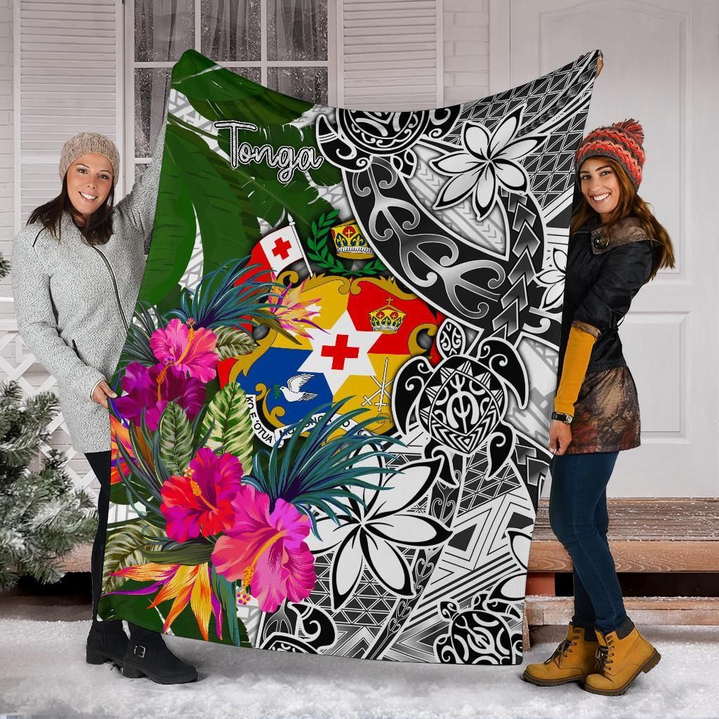 Tonga Premium Blanket White - Turtle Plumeria Banana Leaf