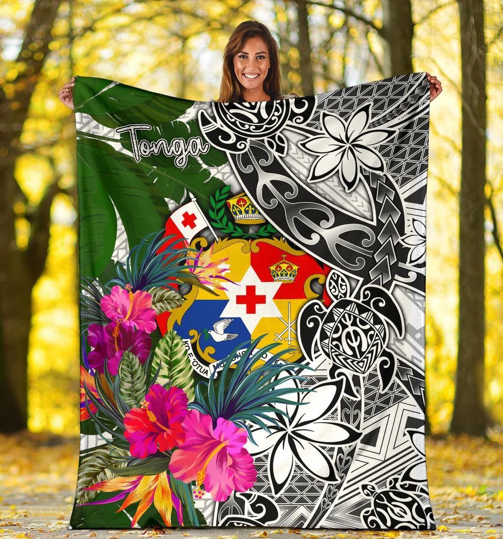 Tonga Premium Blanket White - Turtle Plumeria Banana Leaf