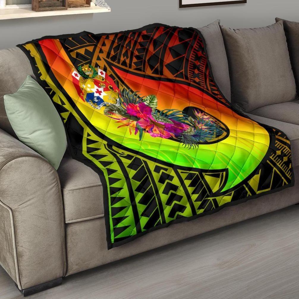 Tonga Premium Quilt - Polynesian Hook And Hibiscus ( Reggae)