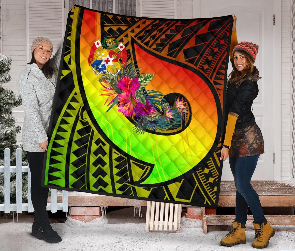Tonga Premium Quilt - Polynesian Hook And Hibiscus ( Reggae)