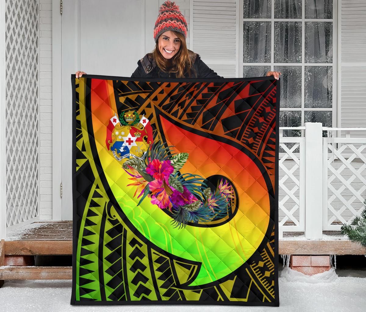 Tonga Premium Quilt - Polynesian Hook And Hibiscus ( Reggae)