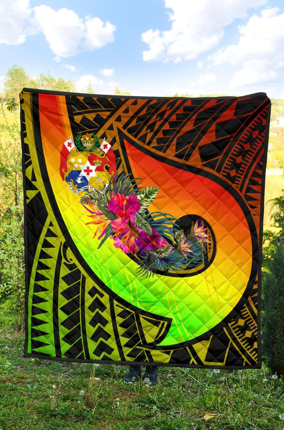 Tonga Premium Quilt - Polynesian Hook And Hibiscus ( Reggae)