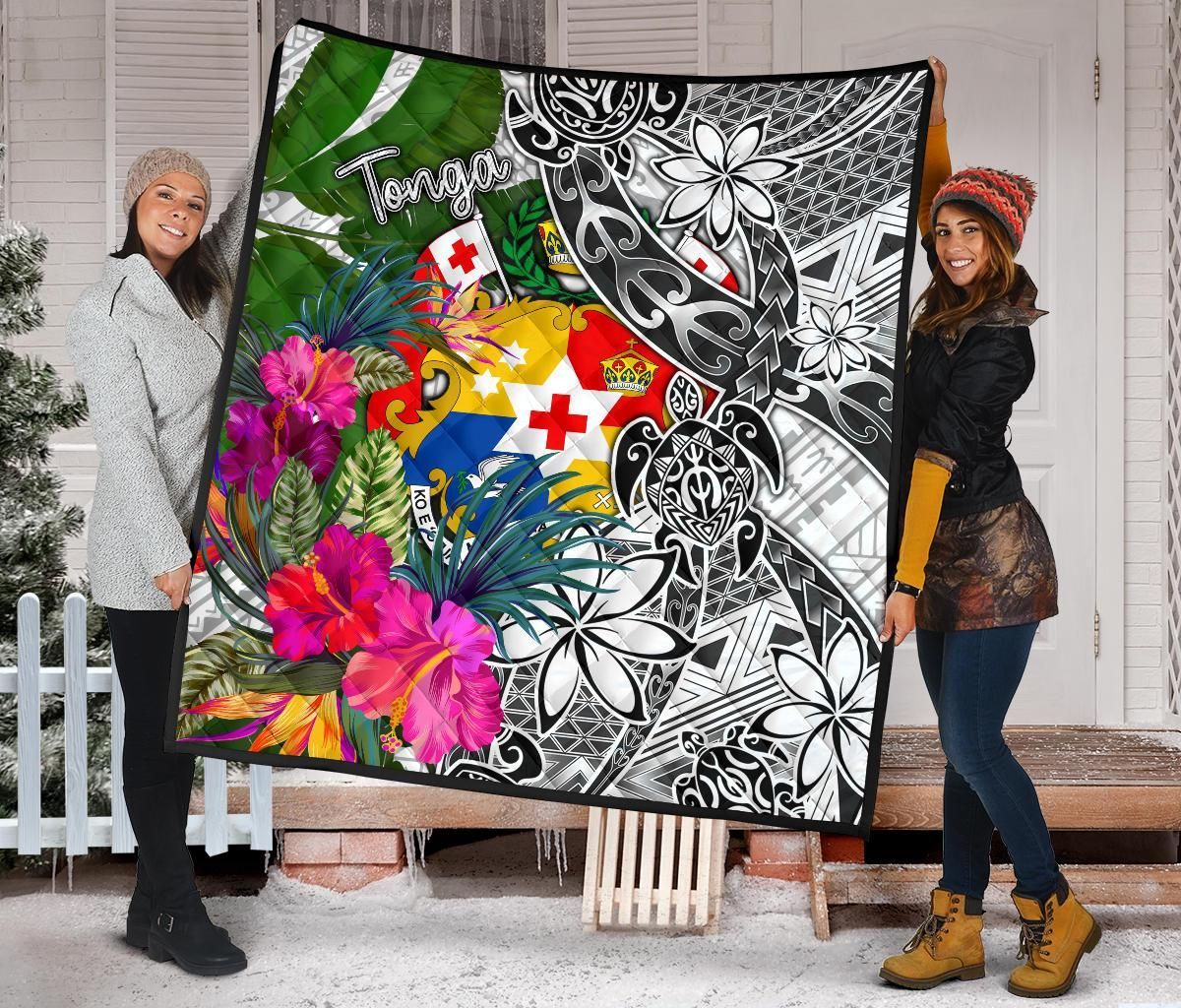 Tonga Premium Quilt White - Turtle Plumeria Banana Leaf