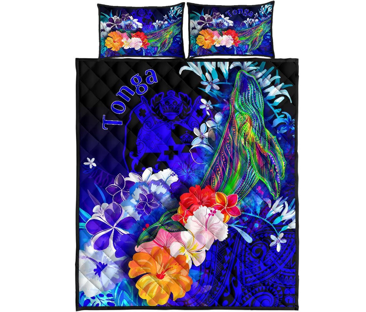 Tonga Quilt Bed Set - Humpback Whale with Tropical Flowers (Blue)
