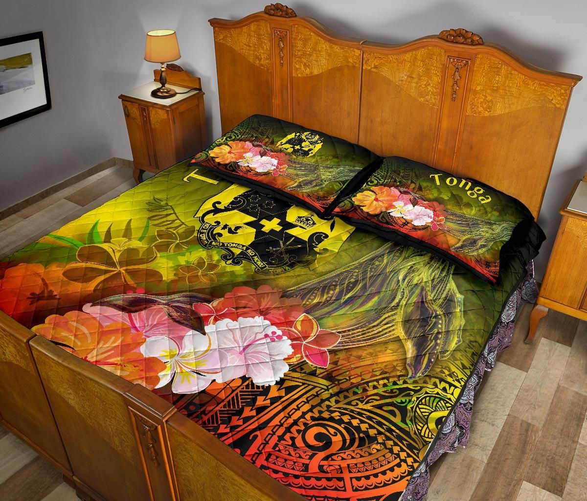 Tonga Quilt Bed Set - Humpback Whale with Tropical Flowers (Yellow)