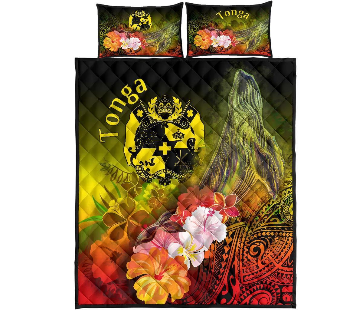 Tonga Quilt Bed Set - Humpback Whale with Tropical Flowers (Yellow)