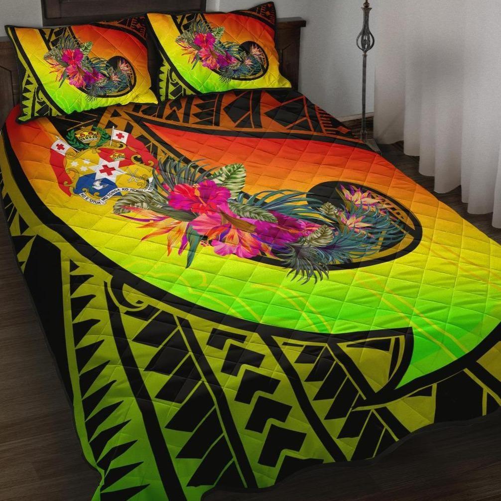 Tonga Quilt Bed Set - Polynesian Hook And Hibiscus ( Reggae)