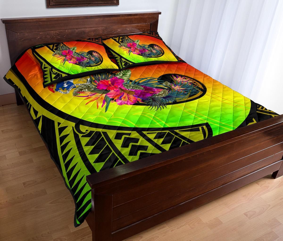 Tonga Quilt Bed Set - Polynesian Hook And Hibiscus ( Reggae)