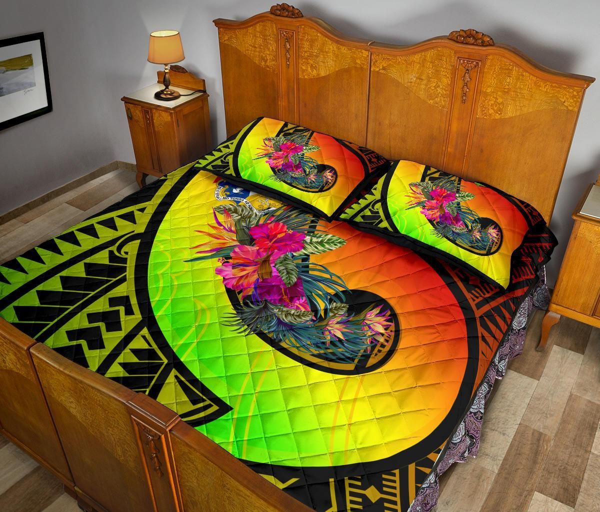 Tonga Quilt Bed Set - Polynesian Hook And Hibiscus ( Reggae)