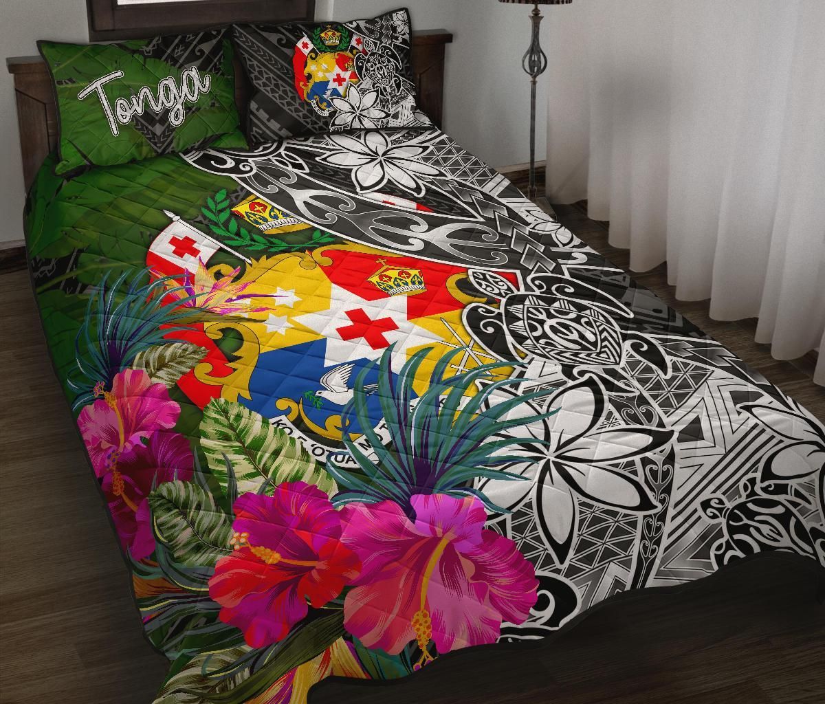 Tonga Quilt Bed Set - Turtle Plumeria Banana Leaf