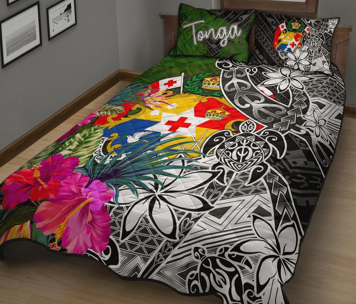 Tonga Quilt Bed Set - Turtle Plumeria Banana Leaf