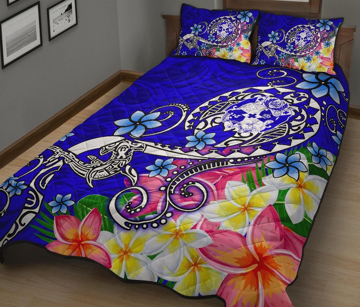 Tonga Quilt Bed Set - Turtle Plumeria (Blue)