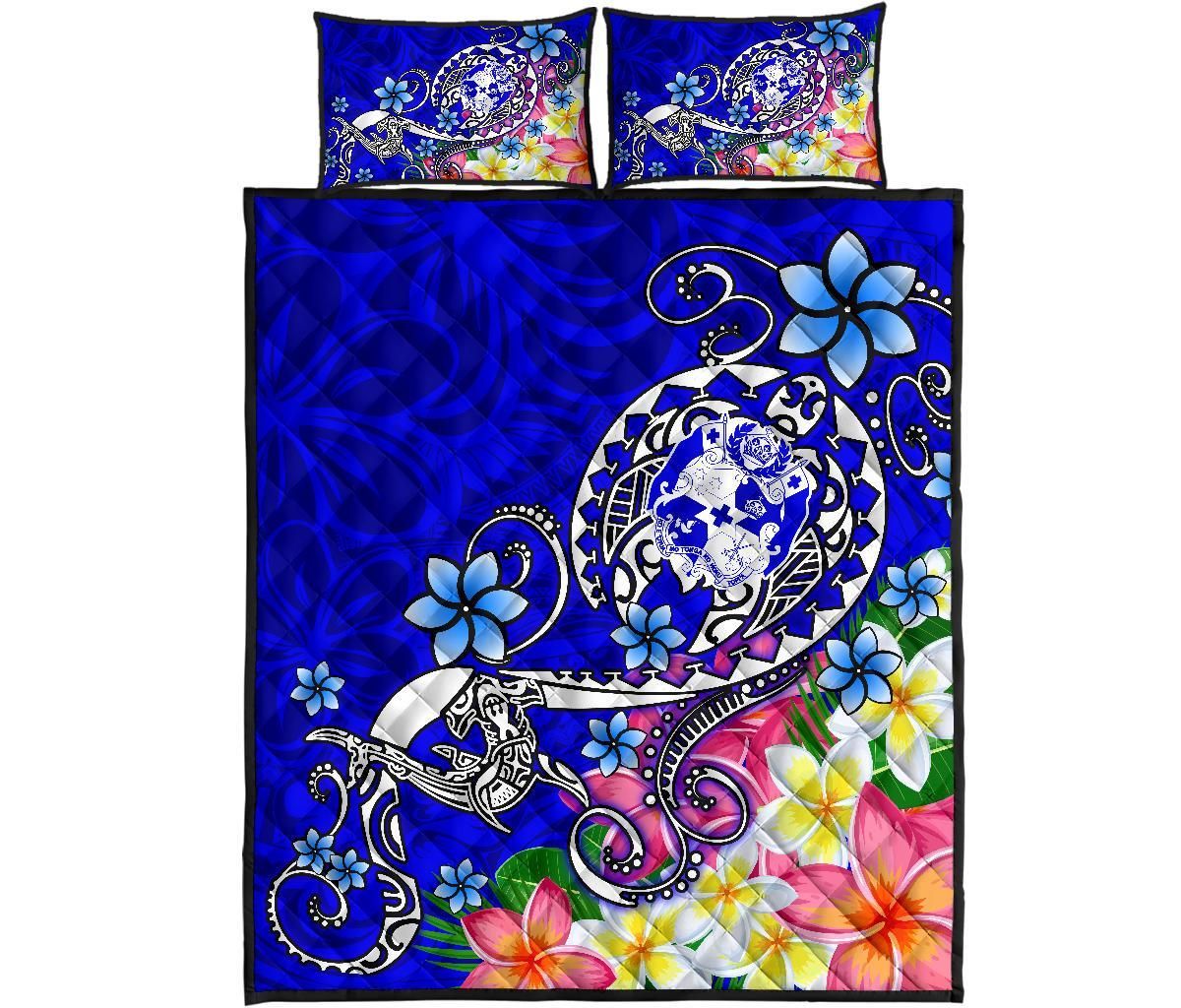Tonga Quilt Bed Set - Turtle Plumeria (Blue)