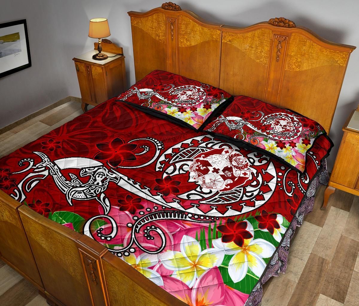 Tonga Quilt Bed Set - Turtle Plumeria (Red)