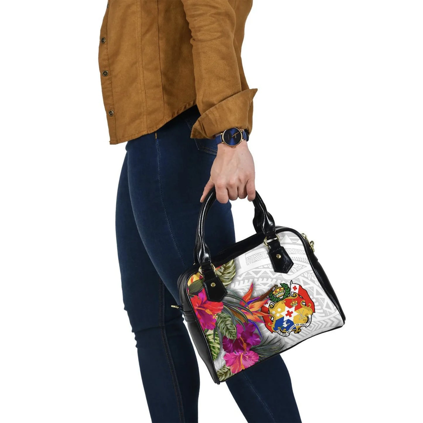 Tonga Shoulder Handbag Polynesian Hibiscus White Pattern