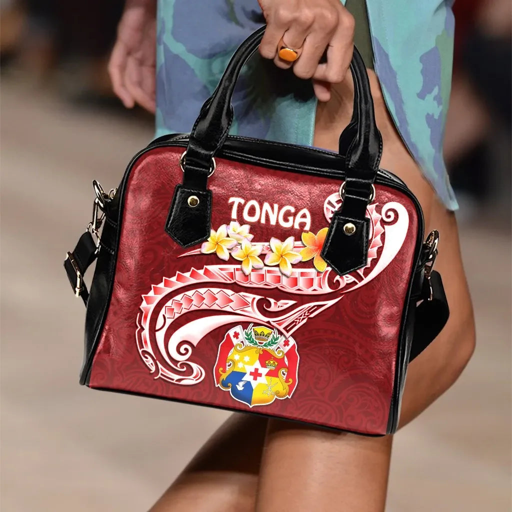 Tonga Shoulder Handbag - Tonga Coat Of Arms With Polynesian Patterns