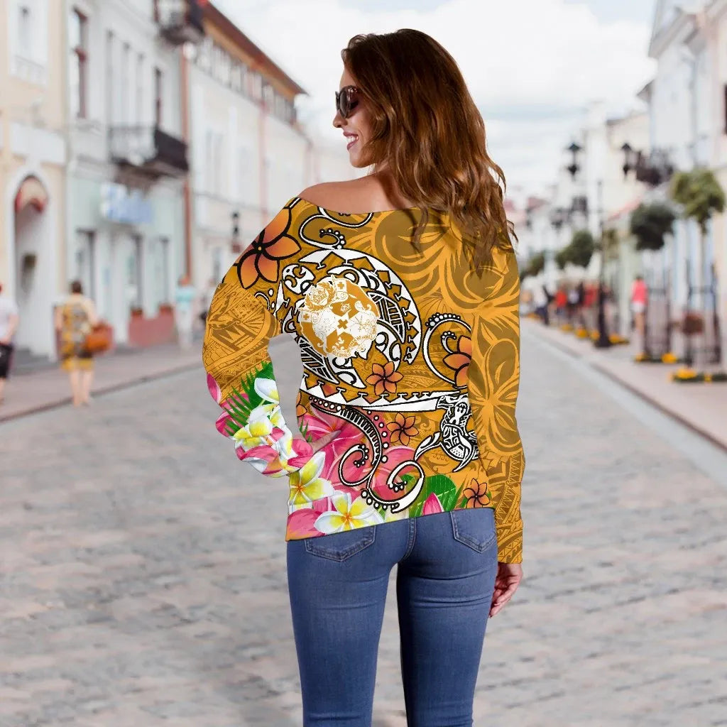 Tonga Women Off Shoulder Sweater - Turtle Plumeria (Gold)