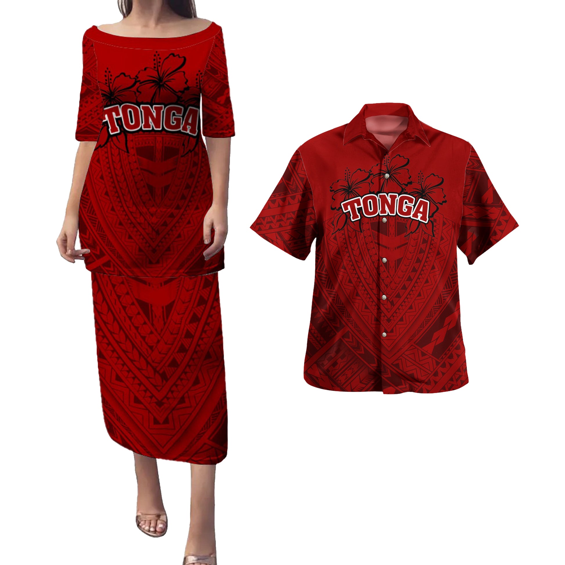 Tonga Combo Puletasi And Shirt Polynesian Hibiscus Style
