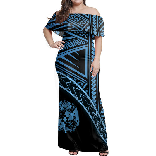 Tonga Woman Off Shoulder Long Dress Polynesian Tribal Coat Of Arms