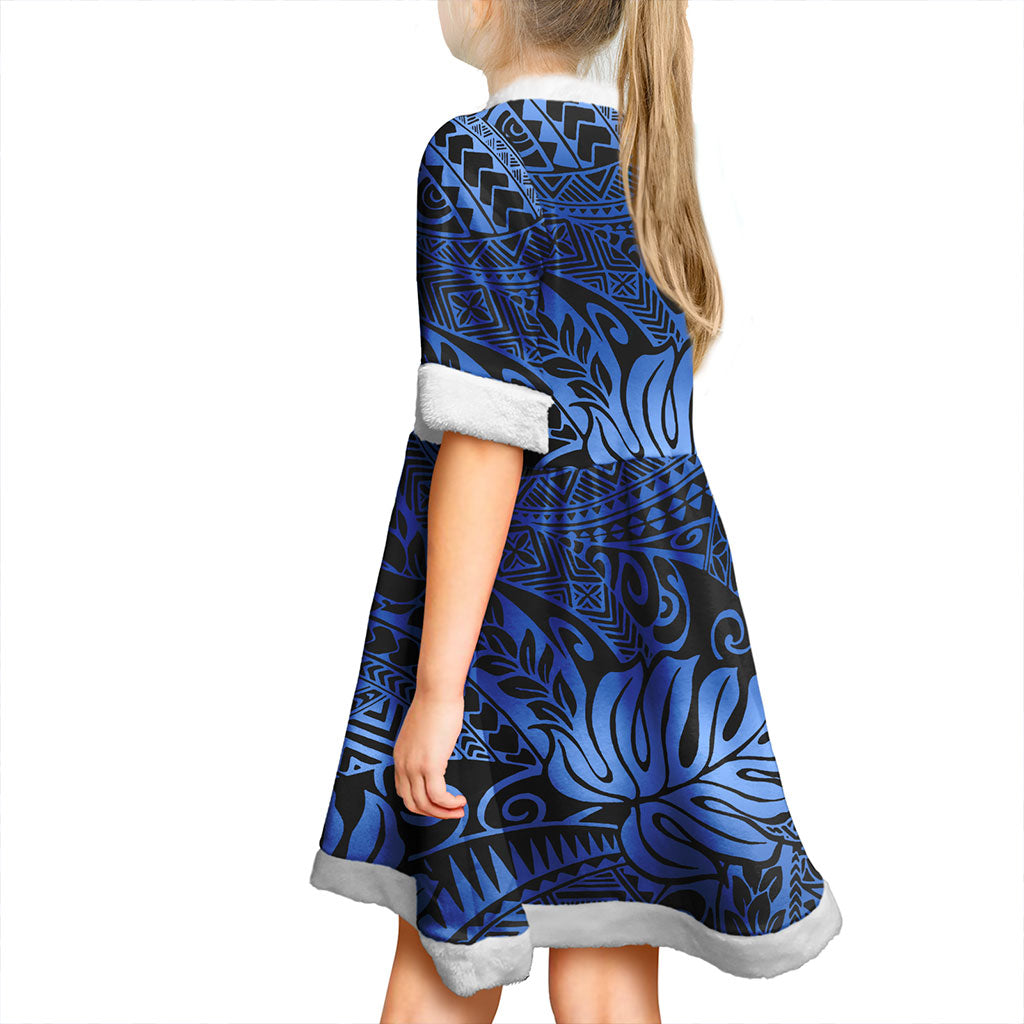 Hawaii Women and Kid Christmas Dress Tribal Leaf Blue