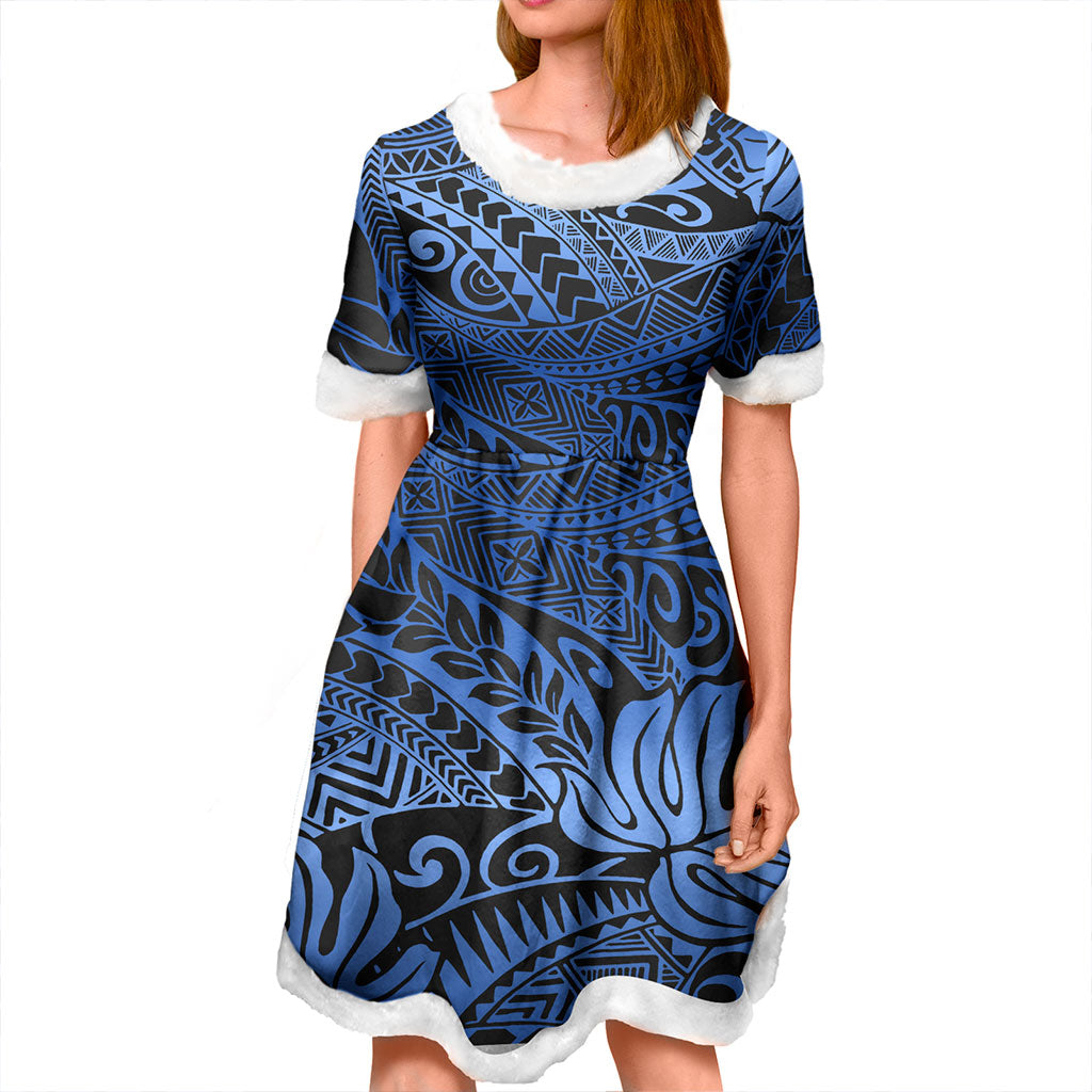 Hawaii Women and Kid Christmas Dress Tribal Leaf Blue
