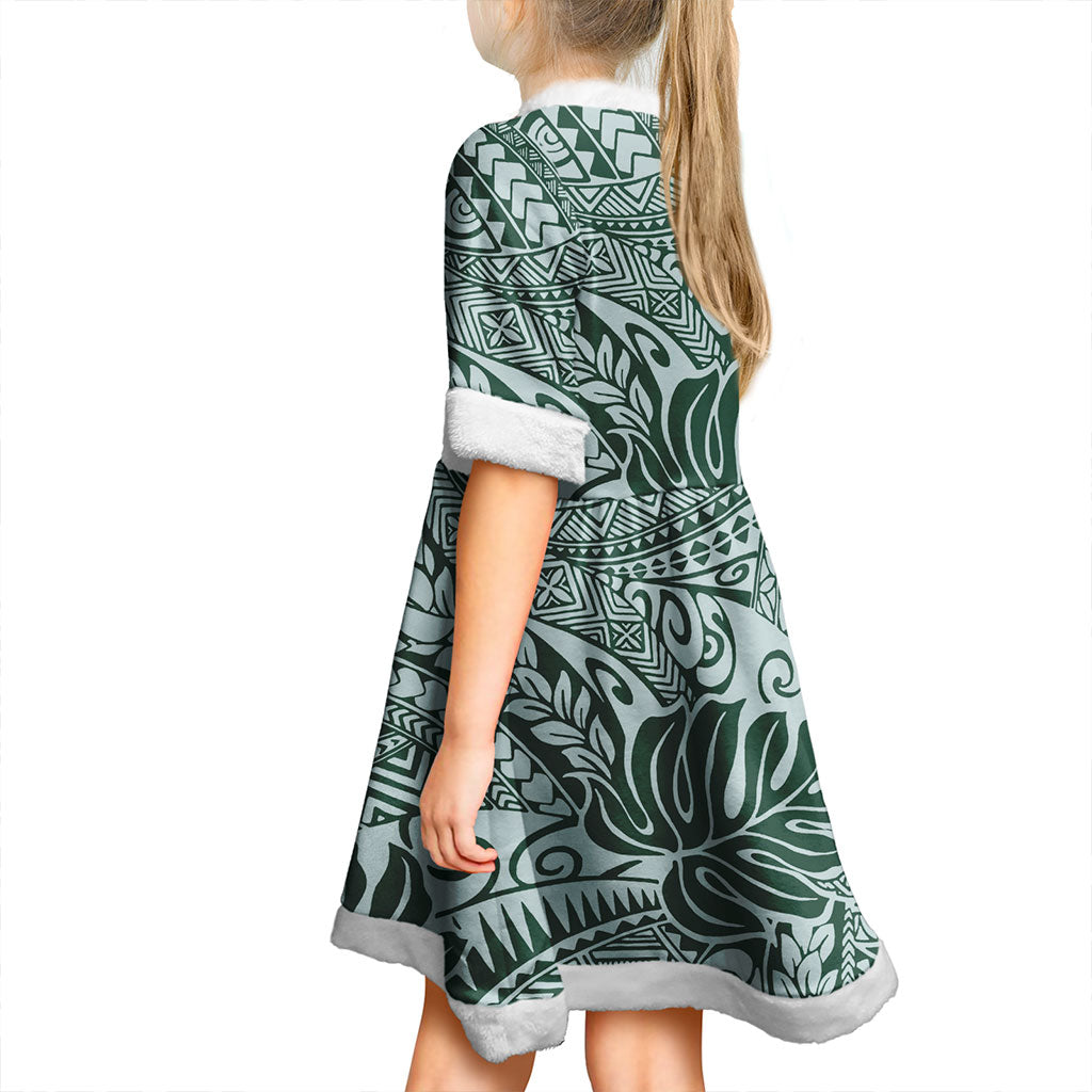 Hawaii Women and Kid Christmas Dress Tribal Leaf Green