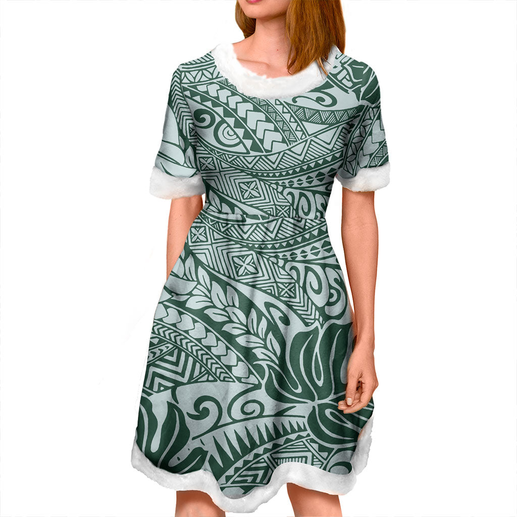 Hawaii Women and Kid Christmas Dress Tribal Leaf Green