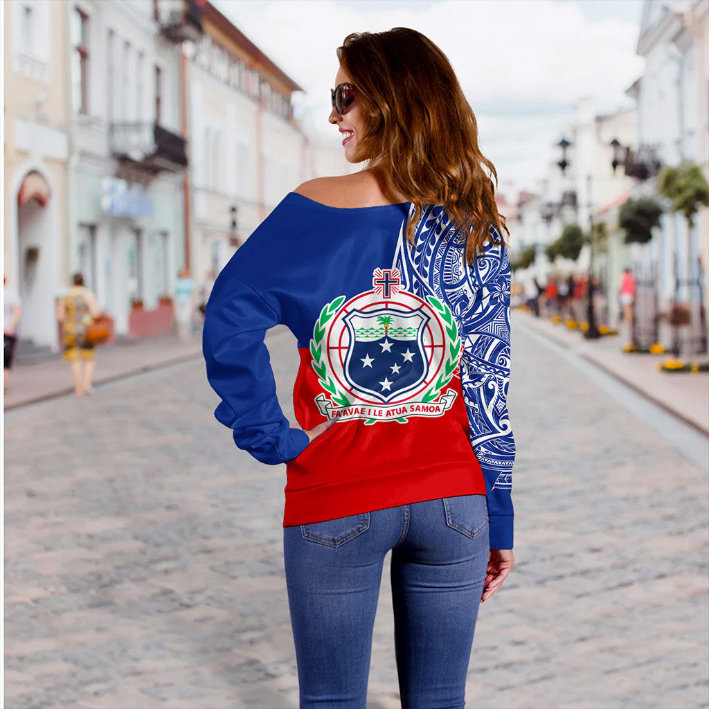 Samoa Off Shoulder Sweatshirt Tribal Polynesia Flag Half Concept