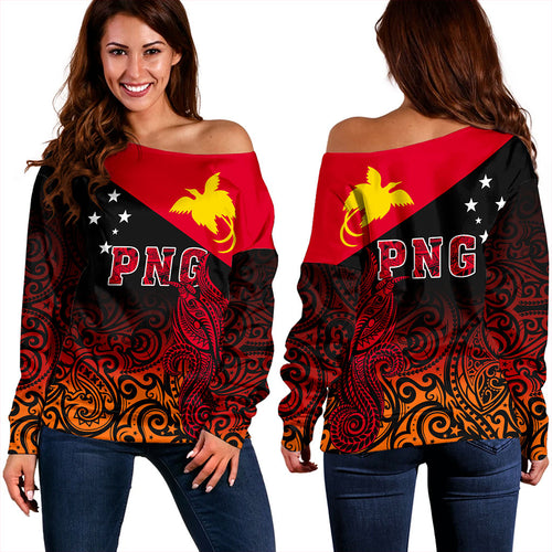 Papua New Guinea Off Shoulder Sweatshirt Tribal Tattoo Bird PNG Design Gradient Style