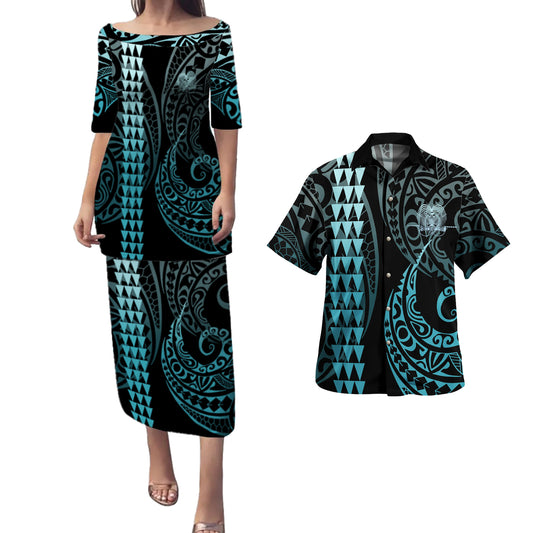 Papua New Guinea Combo Puletasi And Shirt Kakau Style Turquoise