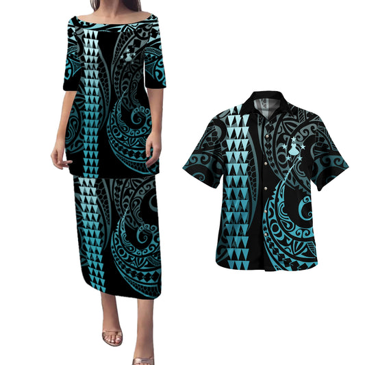 Austral Islands Combo Puletasi And Shirt Kakau Style Turquoise