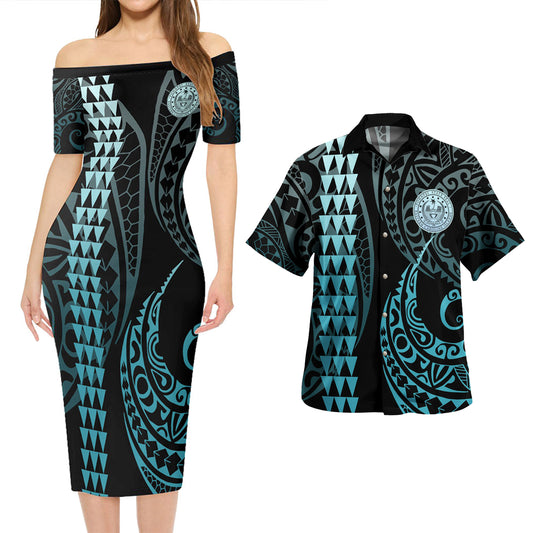 Pohnpei State Combo Short Sleeve Dress And Shirt Kakau Style Turquoise