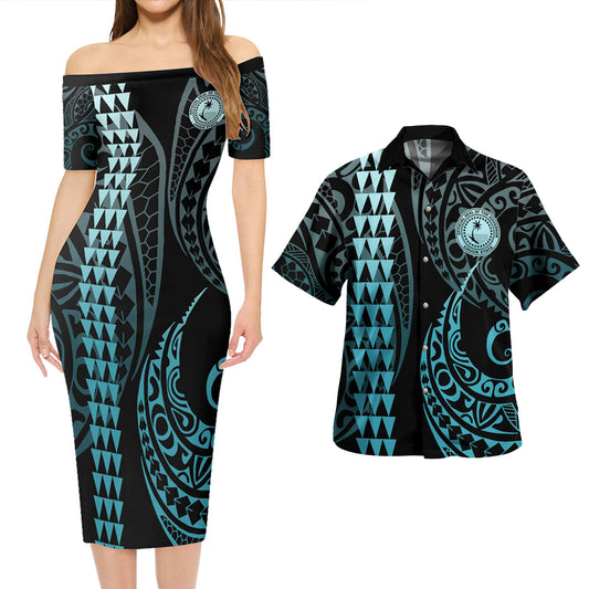 Chuuk State Combo Short Sleeve Dress And Shirt Kakau Style Turquoise