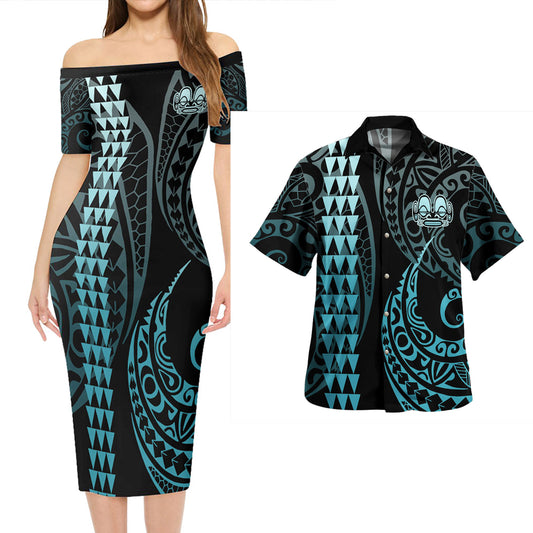 Marquesas Islands Combo Short Sleeve Dress And Shirt Kakau Style Turquoise