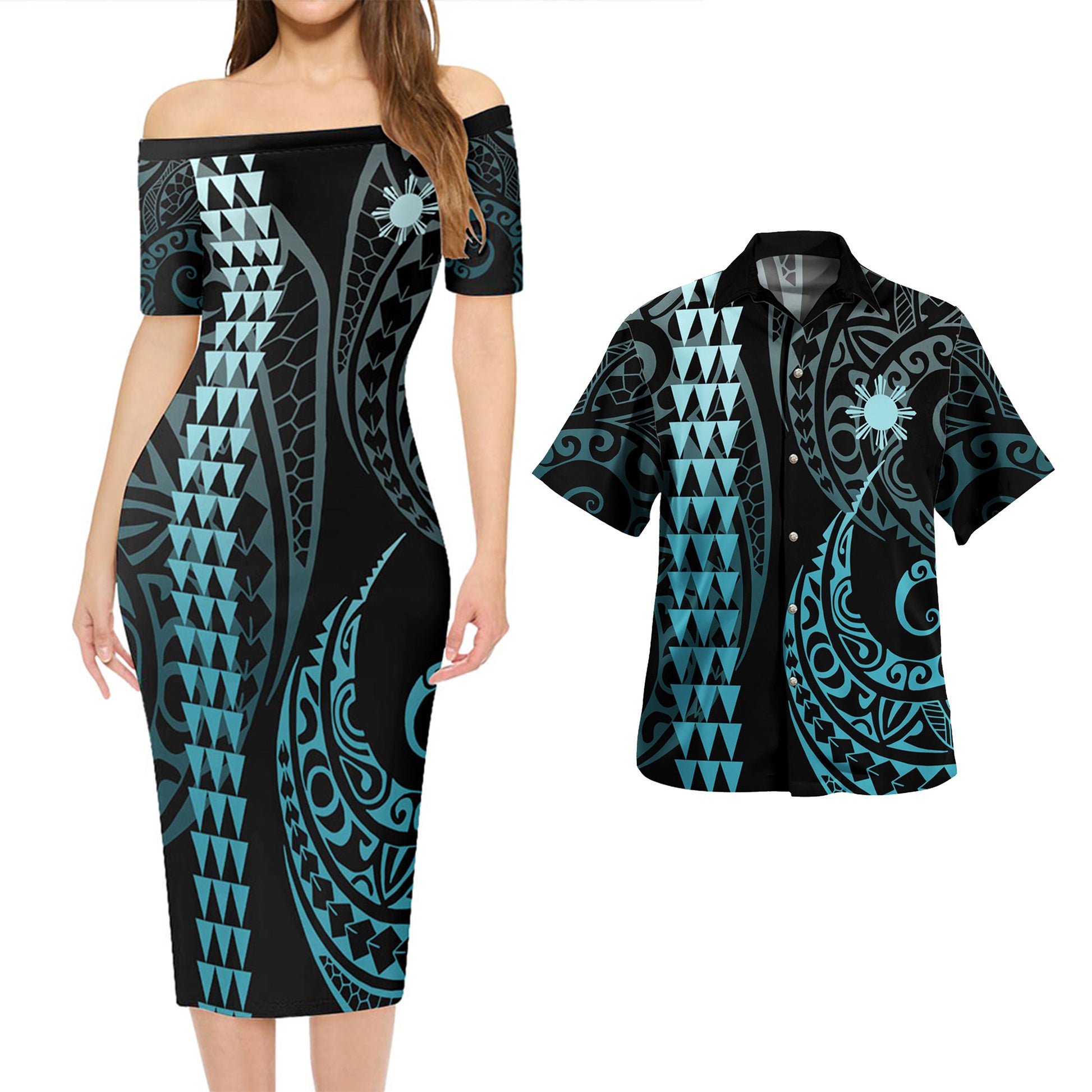 Philippines Filipinos Combo Short Sleeve Dress And Shirt Kakau Style Turquoise